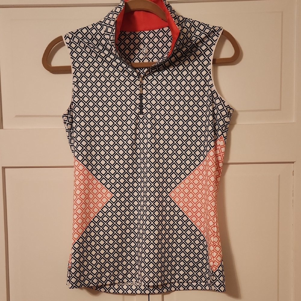 TAI Geometric Sleeveless Women's Golf Top - Black and Tangerine